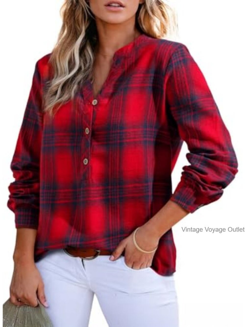 V Neck Plaid Flannel Button Down Blouse Long Sleeve Tunic Top